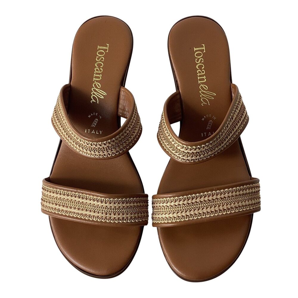 Toscanella Italian Brown Leather Wedge Sandals Gold Woven Slides Size 8 Italy